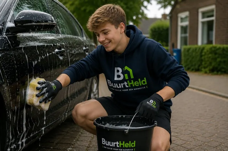 Jonge klusser wast een auto in de buurt
